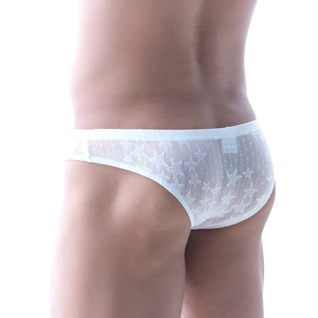 White star-patterned mesh briefs by metromalewear capri bikini star in white showing front side