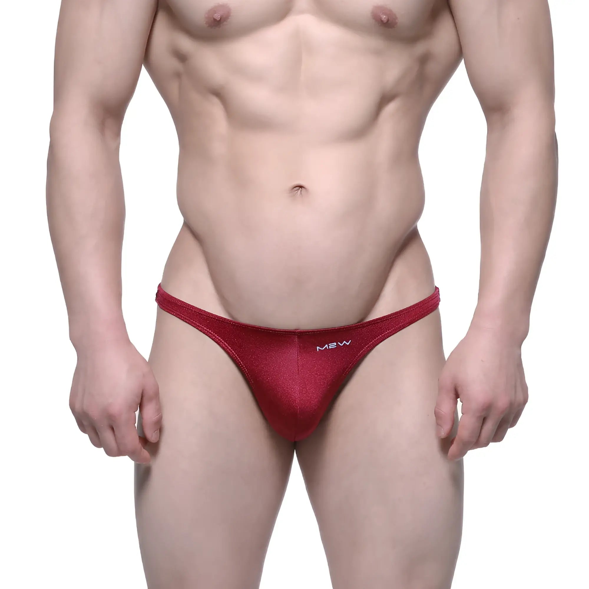 MetroMaleWear capri thong in burgundy red metallic fabric showcasing a sleek and minimal back design