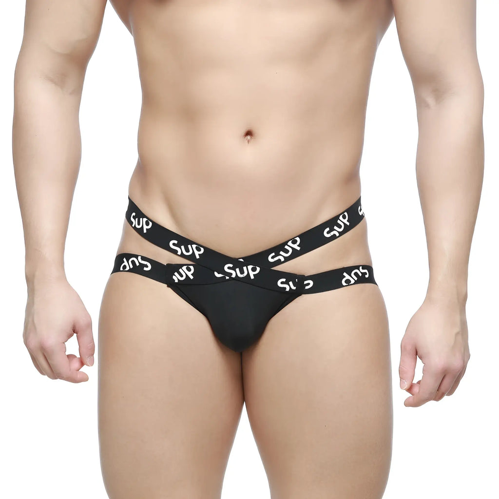 Black men’s MetroMaleWear Cara Jock Strap thong with two crossed white sup branded waistbands in black