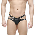 Black men’s MetroMaleWear Cara Jock Strap thong with two crossed white sup branded waistbands in black