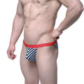 MetroMaleWear Caramelo bikini briefs in black and white chevron pattern with a red elastic waistband
