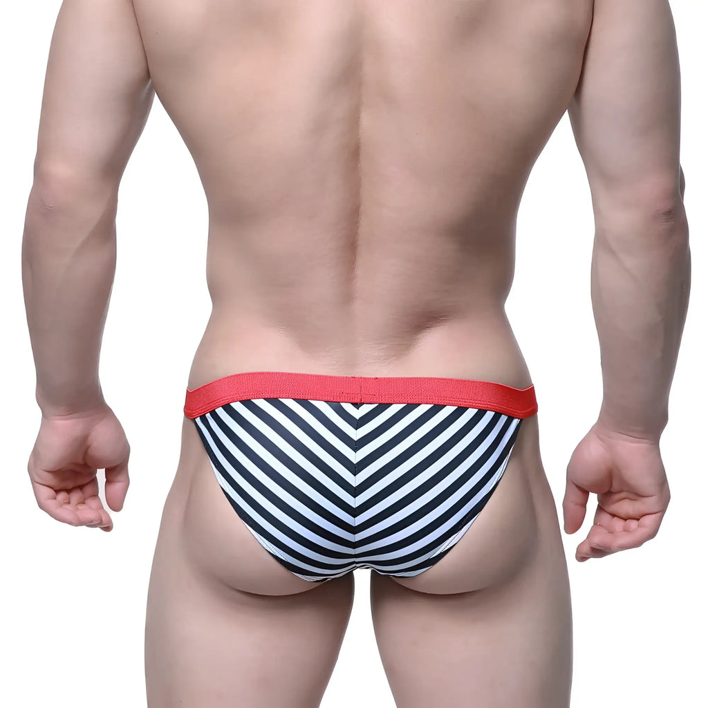MetroMaleWear Caramelo Bikini black 6117-41 swim trunks with black and white chevron stripes and red elastic waistband