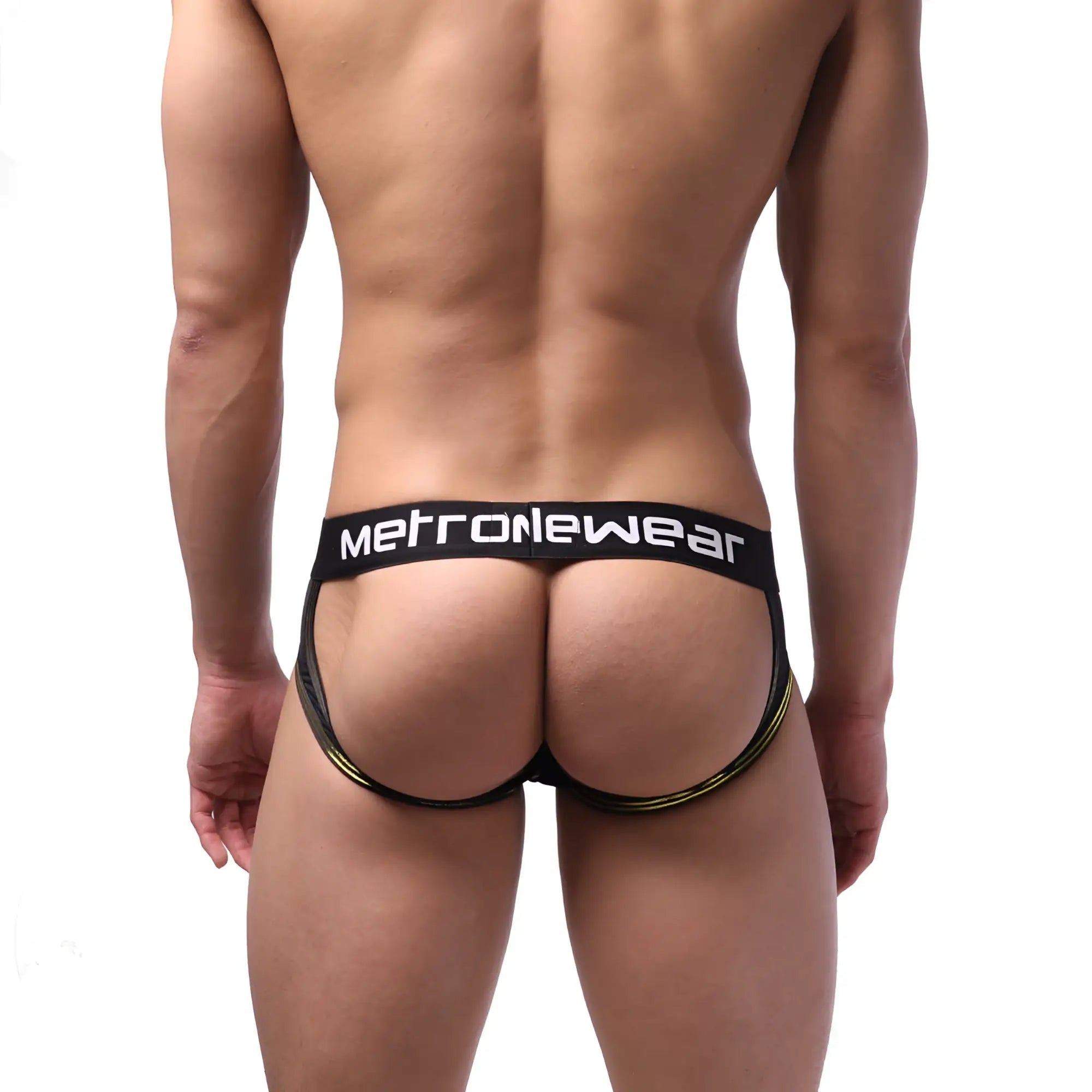 Black and gold metallic-trimmed MetroMaleWear Carioca jock strap briefs with a sleek form-fitting design