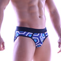 Metro male wear carioca jock strap honeycomb black brief with blue and white geometric pattern and black waistband