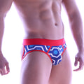 MetroMaleWear Carioca jock strap with blue and white honeycomb pattern briefs and bold red waistband