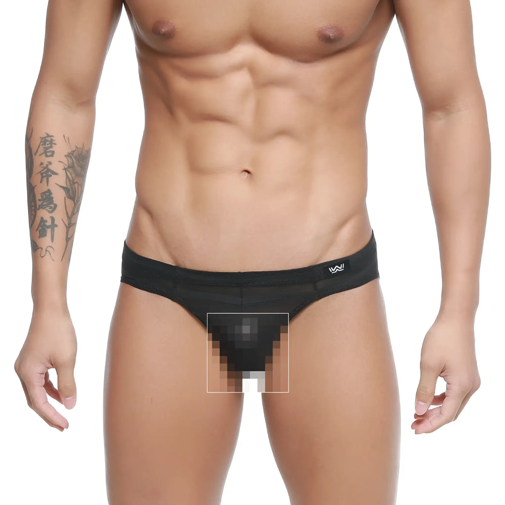 Black mesh thong with subtle logo on waistband metro malewear carril bikini 5103-m33 front view