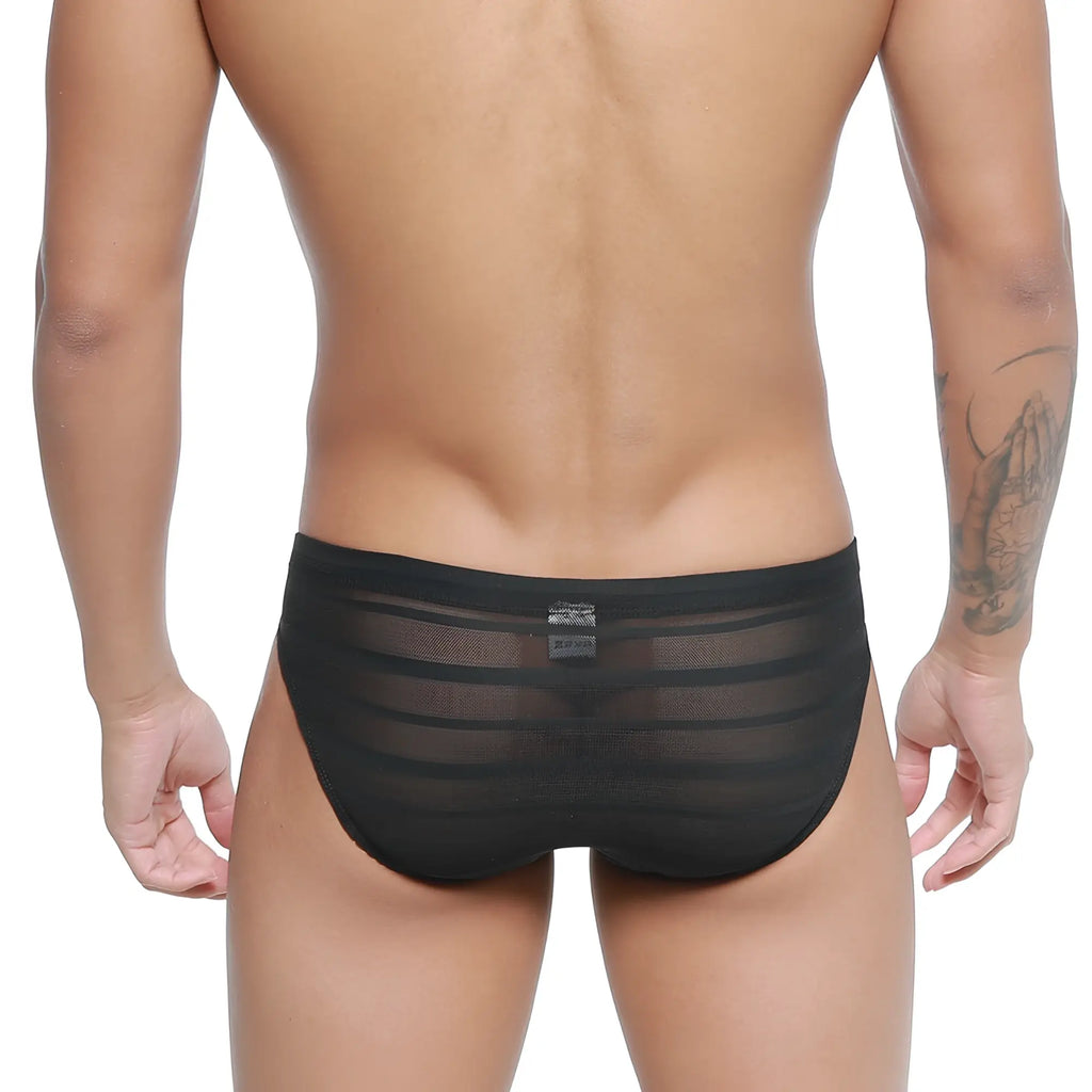 Black sheer mesh briefs with horizontal stripes from MetroMaleWear carril bikini 5103-M33 front view