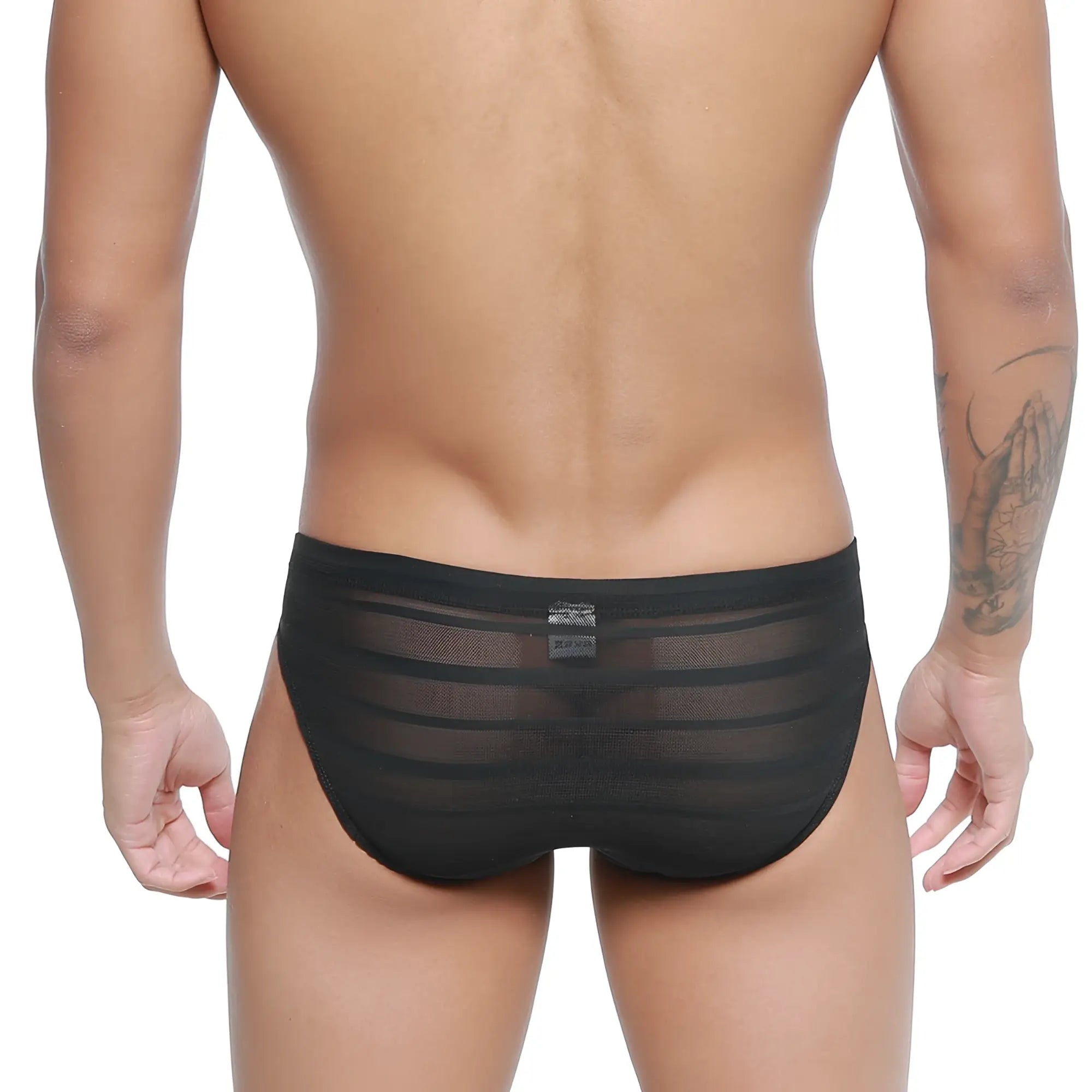 Black sheer mesh briefs with horizontal stripes from MetroMaleWear carril bikini 5103-M33 front view