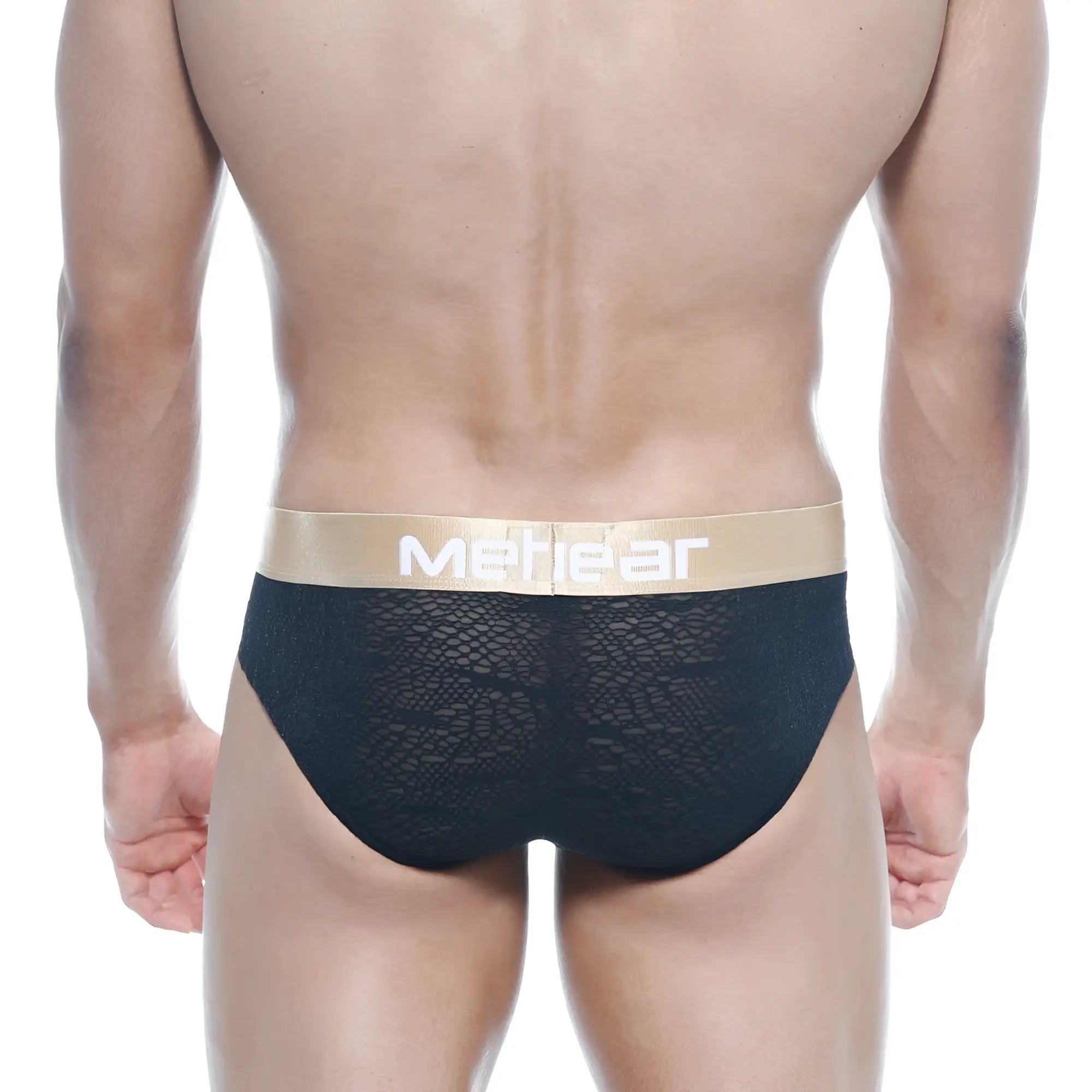 Black lace mens briefs with gold waistband featuring mehear brand name metro malewear carve hip brief black 5003-61