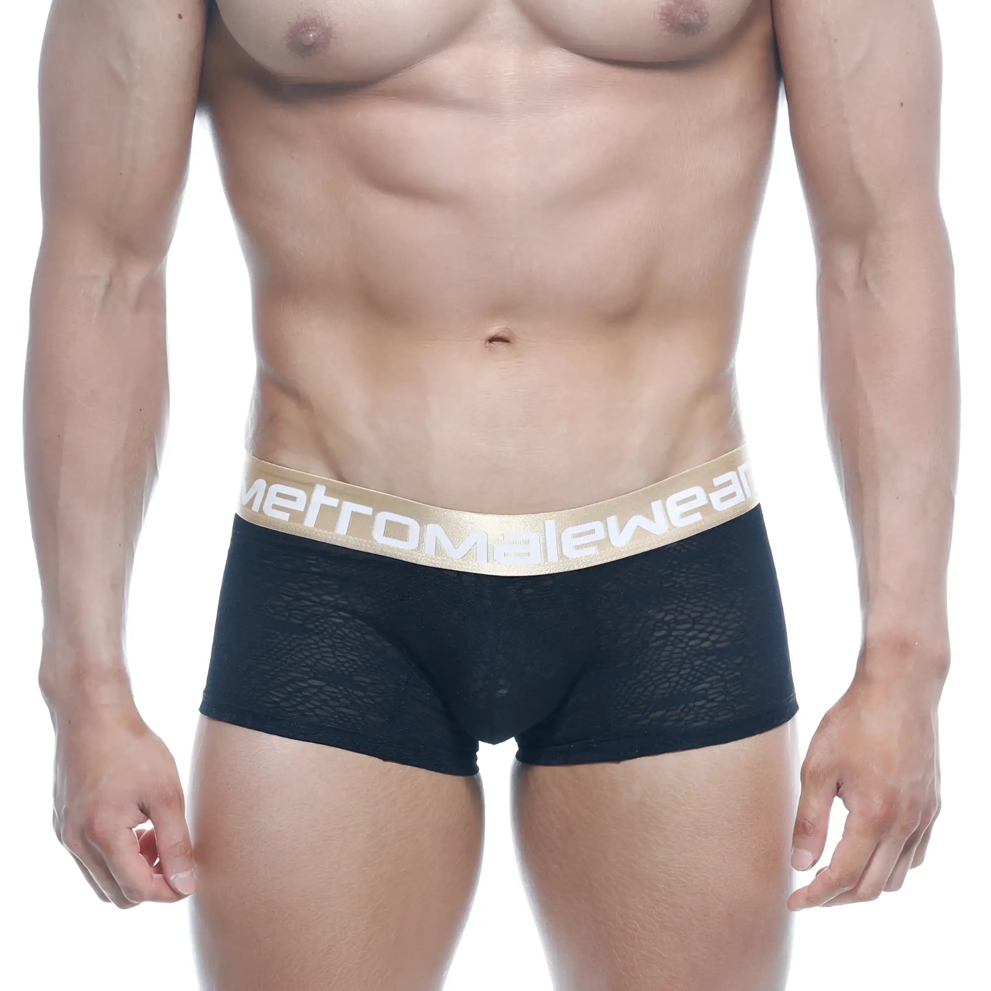 Black lace boxer briefs with gold metromalewear logo waistband metro malewear carve short boxer 7inch black 2022-61
