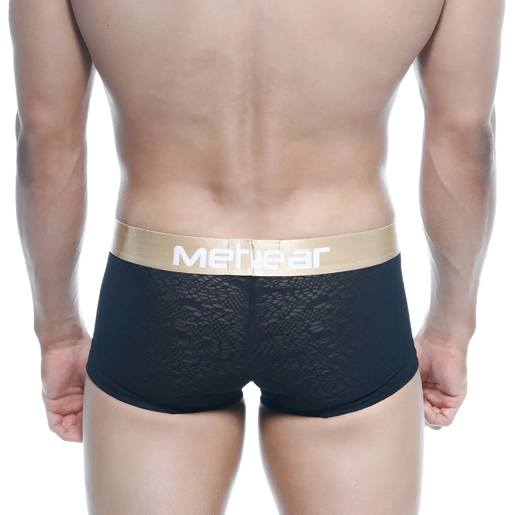 Black lace mens briefs with gold waistband and meticar brand name in white from MetroMaleWear Carve Short Boxer 2022-61