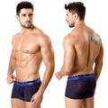 Navy blue MetroMaleWear Carve short boxer briefs with subtle textured pattern and bright blue metallwear waistband