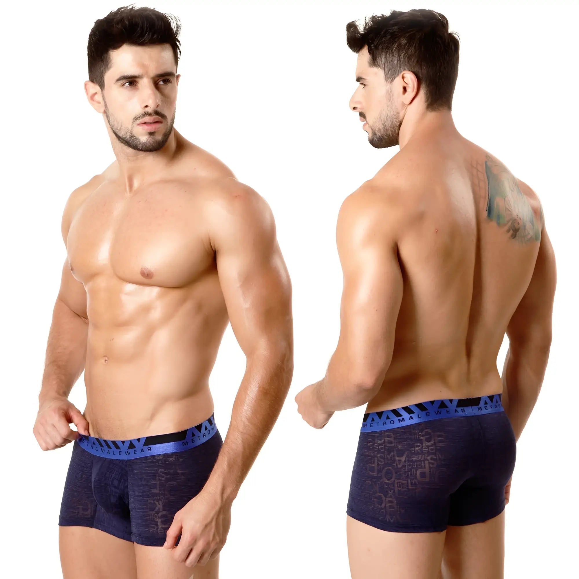 Navy blue MetroMaleWear Carve short boxer briefs with subtle textured pattern and bright blue metallwear waistband