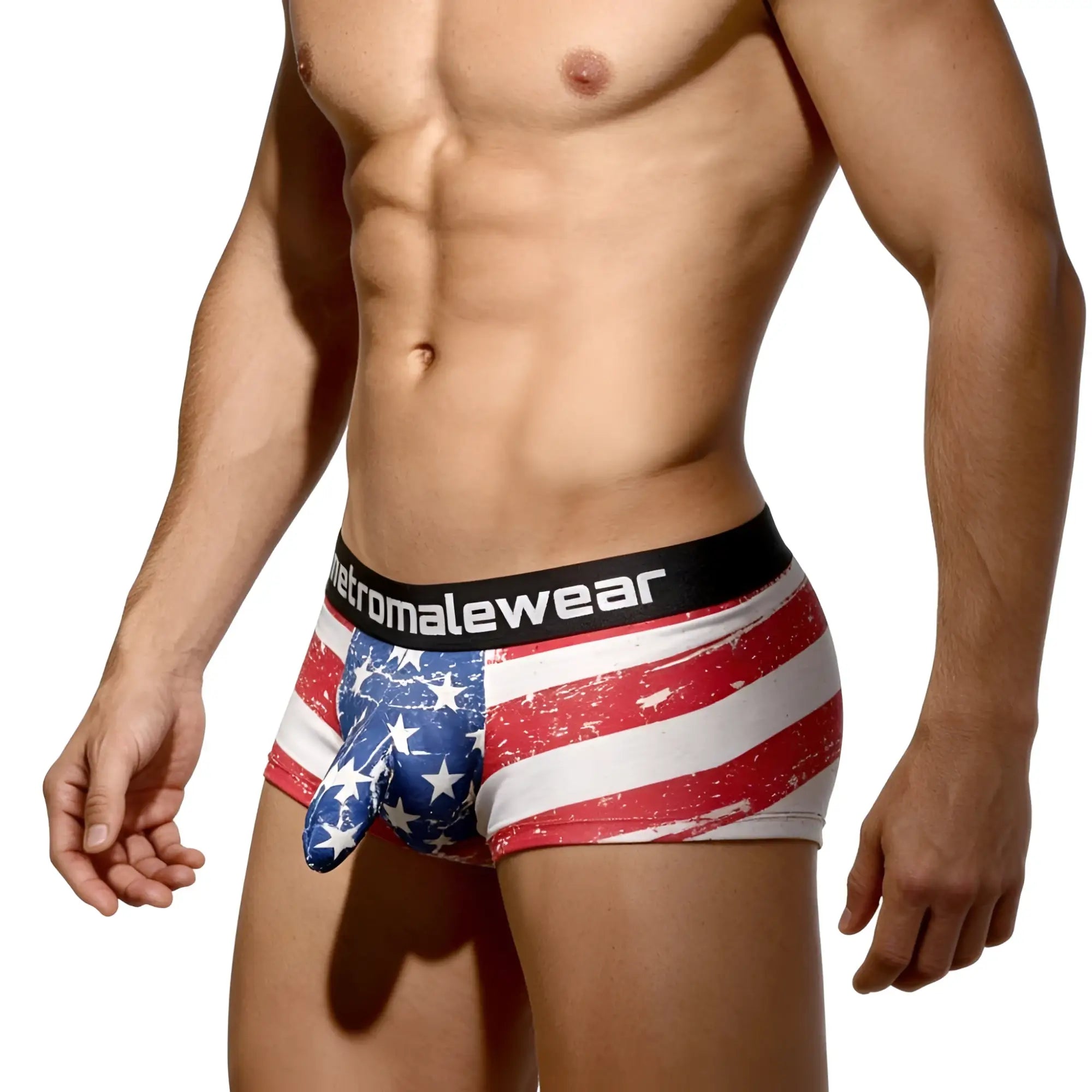 Men’s american flag-themed briefs with distressed design and black metromalewear waistband metro malewear castro trunk batalla 2213-92