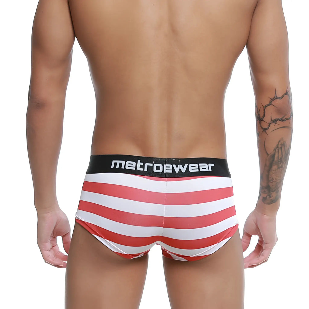 Red and white striped men’s briefs with black metrowear waistband metro malewear castro trunk patriot 2213-90