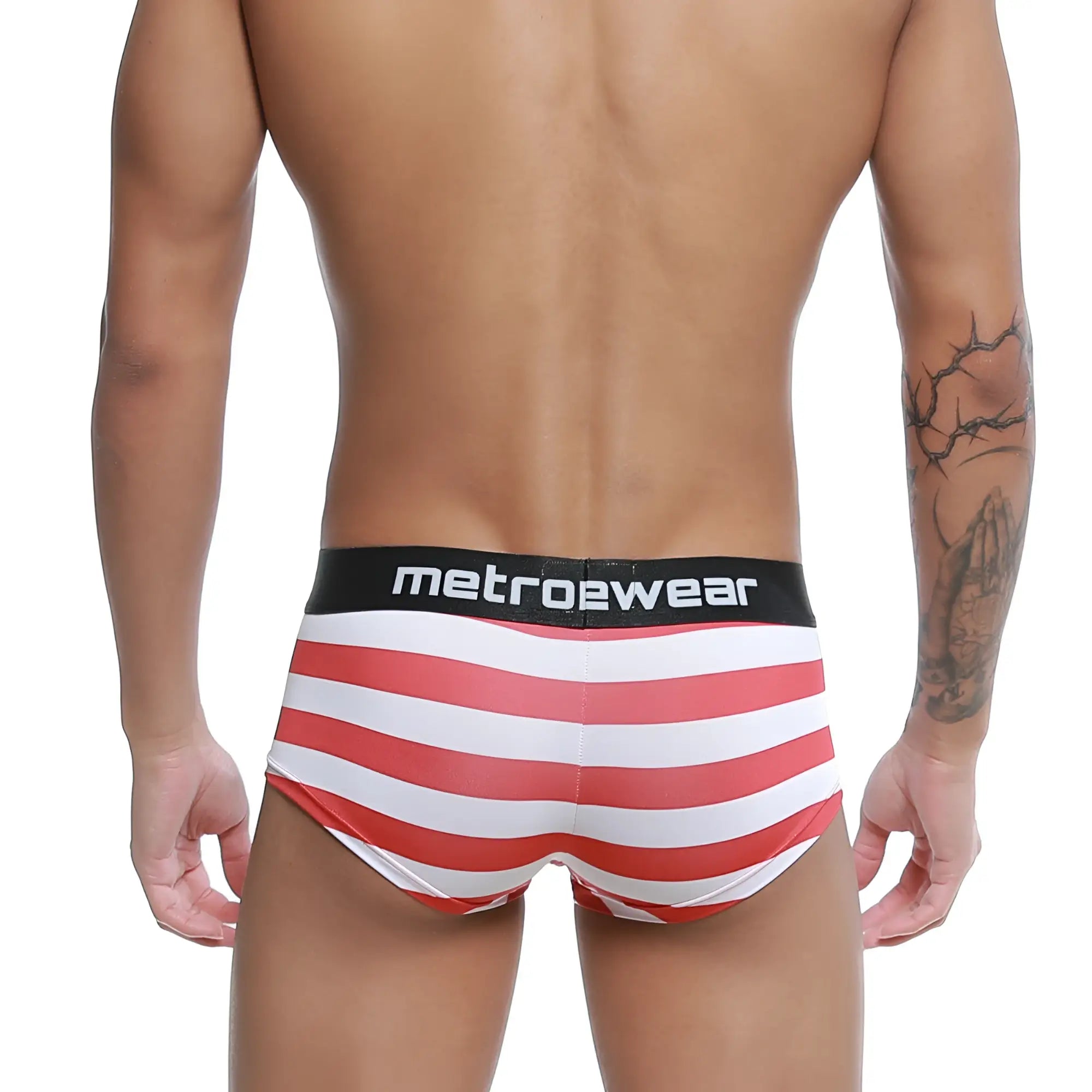 Red and white striped men’s briefs with black metrowear waistband metro malewear castro trunk patriot 2213-90