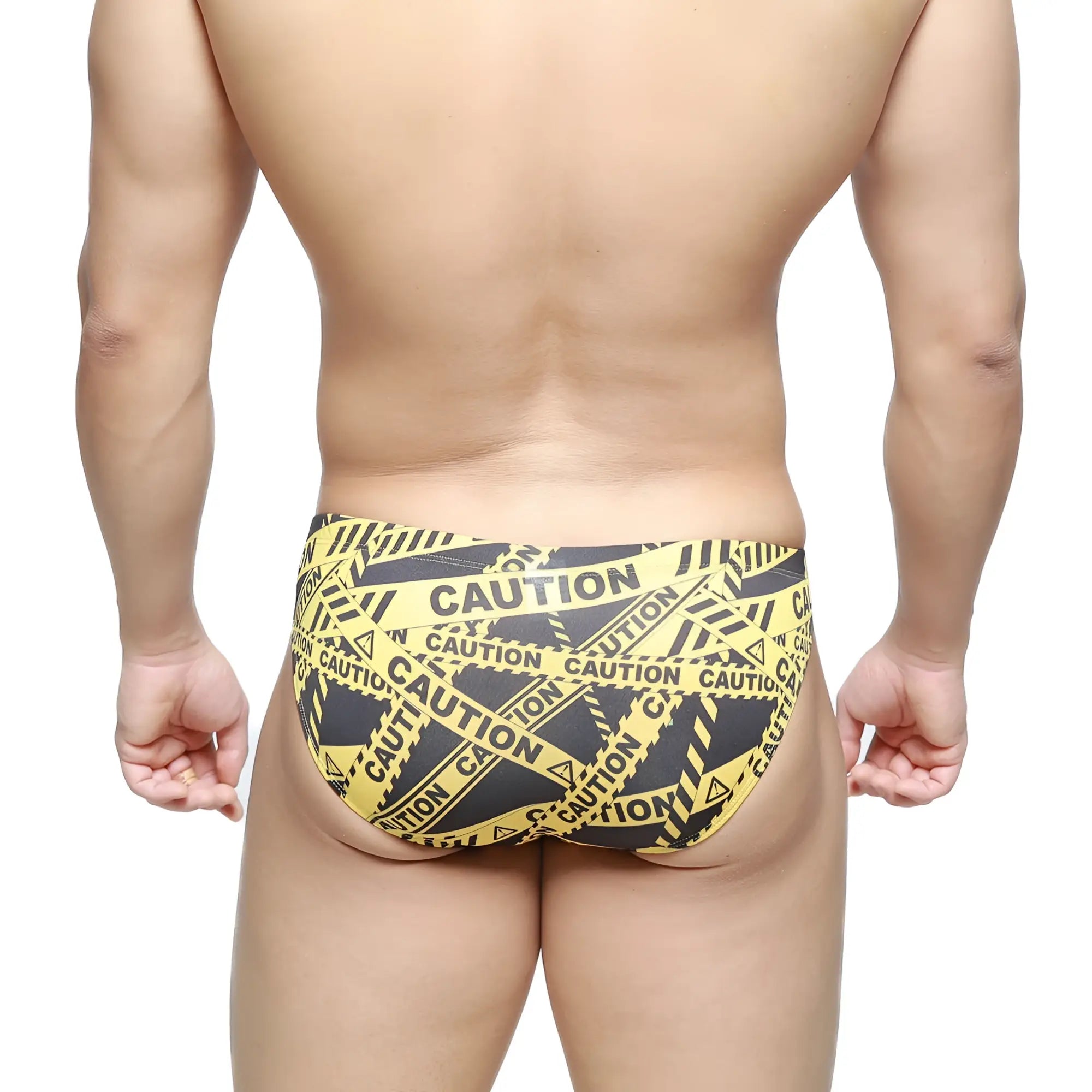 Metro malewear caution bikini black 5103-m61 swim trunks in yellow and black caution tape pattern for men