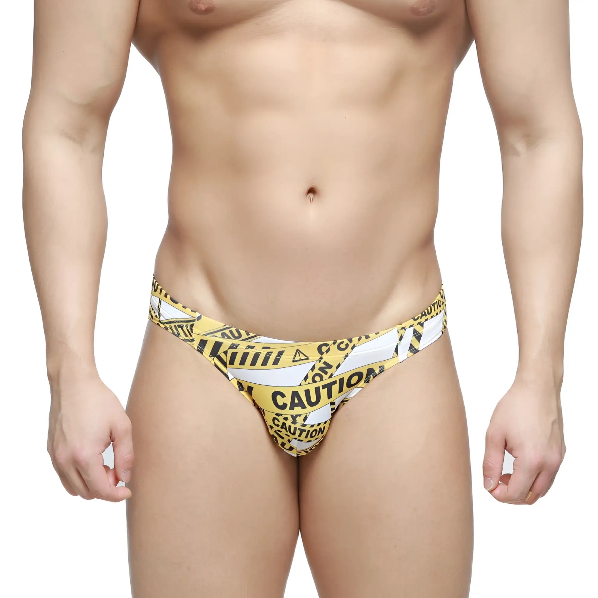 Metro malewear caution bikini white 5103-m60 yellow and black caution tape patterned swim trunks front view