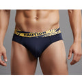 Navy blue MetroMaleWear Caution Brief 5203-60 with yellow black caution tape patterned waistband front view