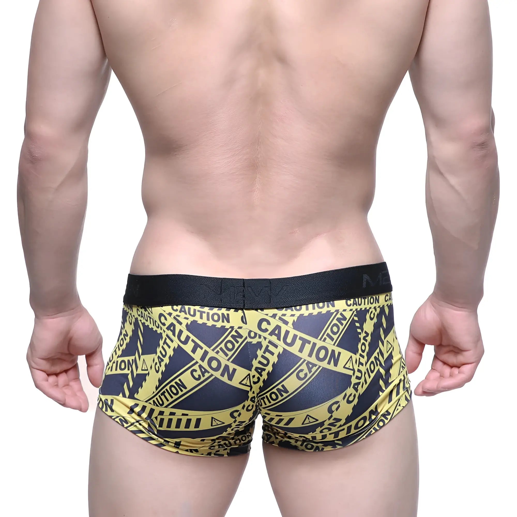 MetroMaleWear caution trunk black 2026-71 black and yellow caution tape patterned men’s boxer briefs with black waistband