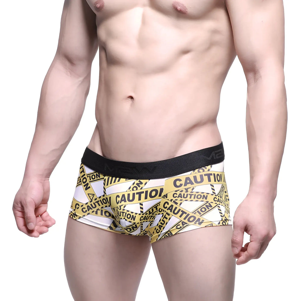 White boxer briefs metro malewear caution trunk 2026-69 with bold yellow black caution tape and black waistband