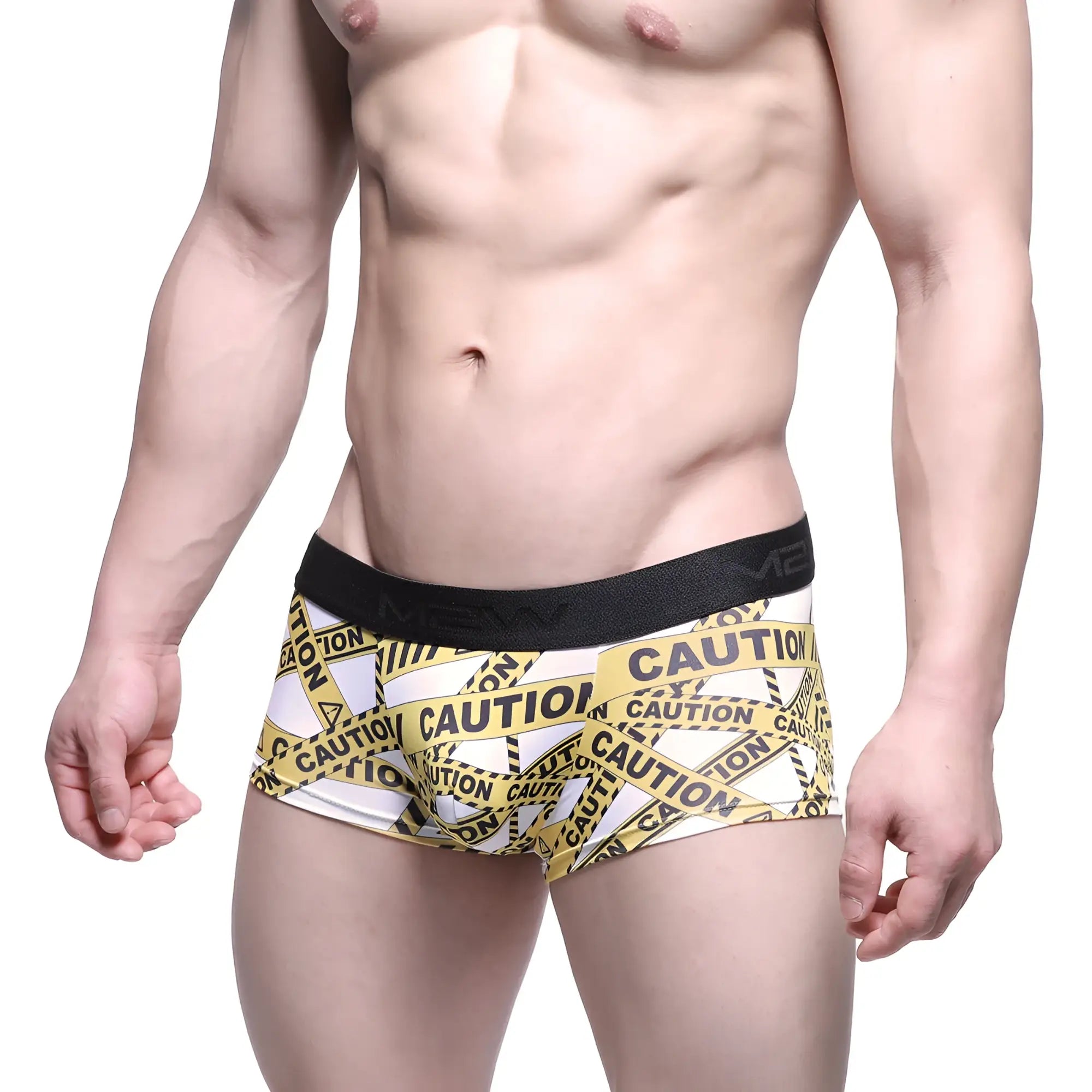 White boxer briefs metro malewear caution trunk 2026-69 with bold yellow black caution tape and black waistband