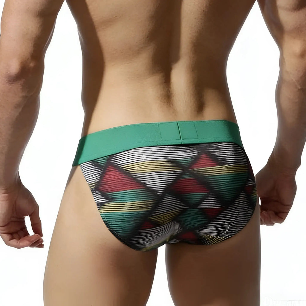 Metro male wear cebada bikini 3004-86 green and multicolored geometric patterned men’s briefs with solid green waistband