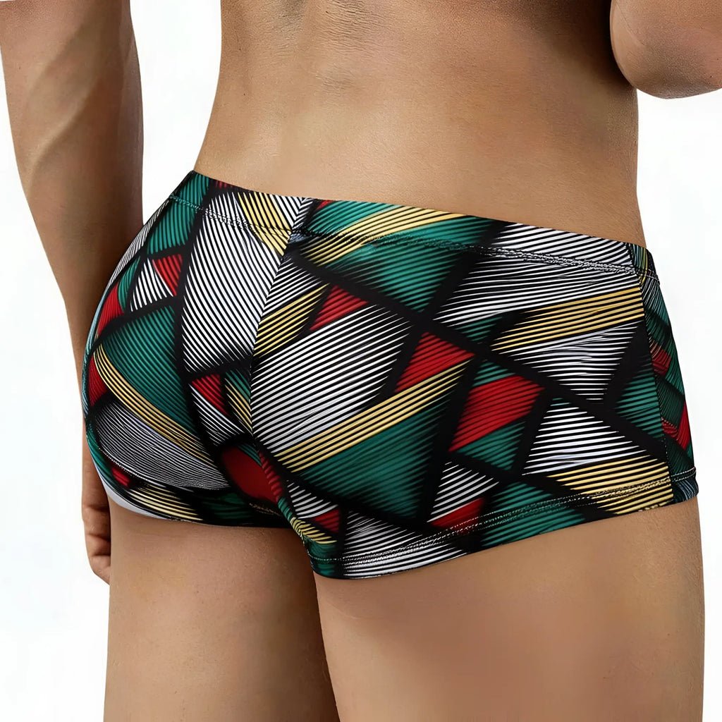 MetroMaleWear cebada trunk 2125-50 vibrant geometric swim trunks in green red yellow and black with bold stripes