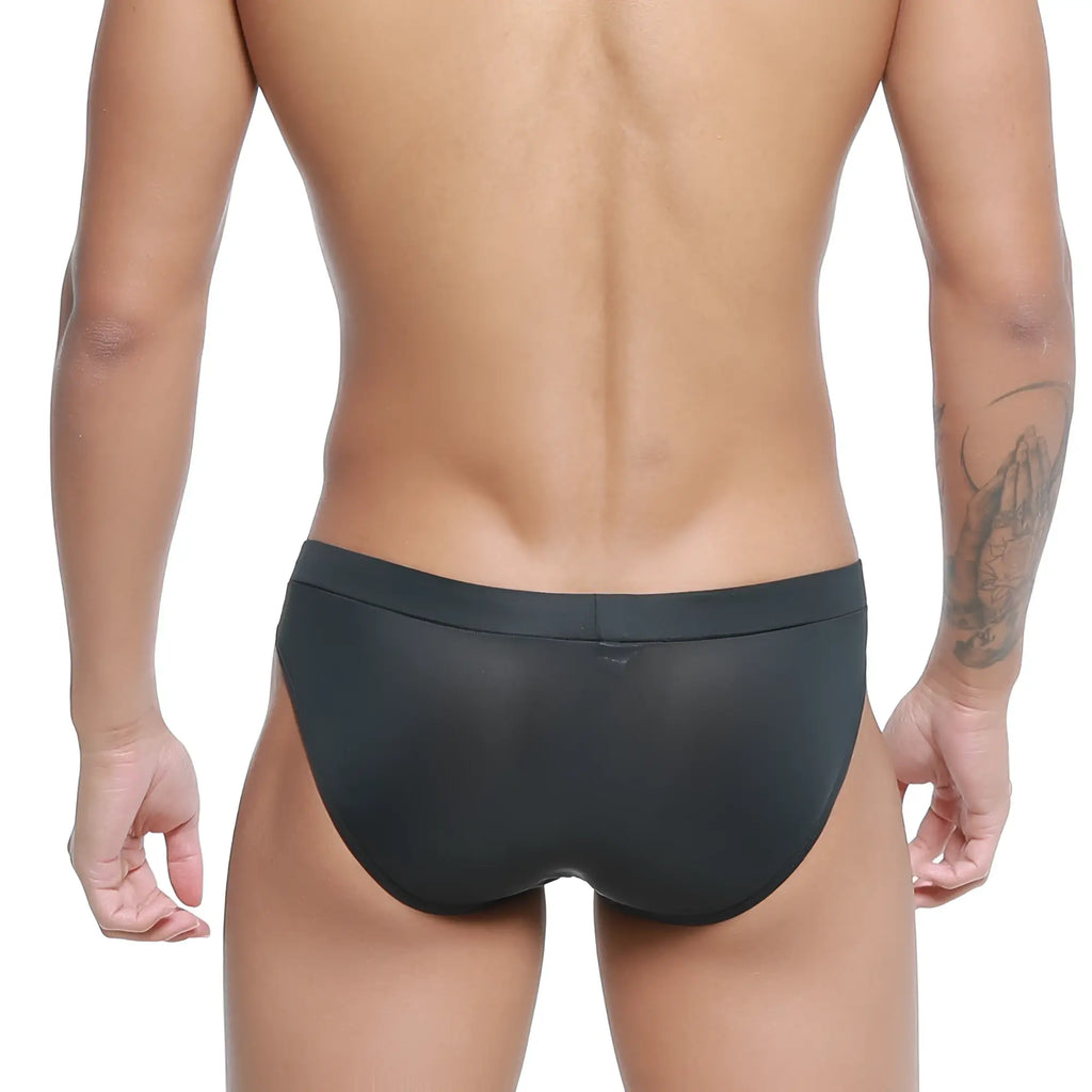 Black sheer swim trunks with a solid waistband from metromalewear cebolla bikini 5105-31 for men