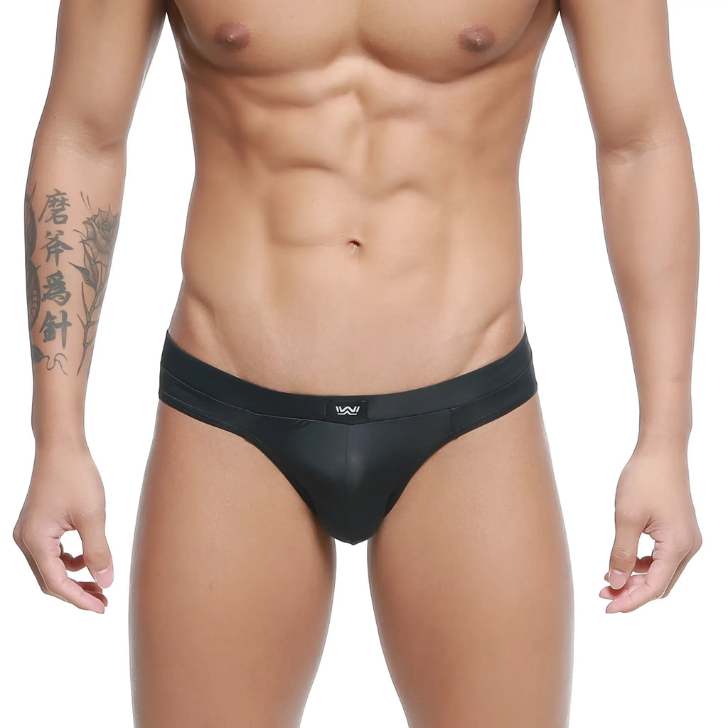 Black sleek glossy metro male wear cebolla bikini briefs with subtle waistband logo front view