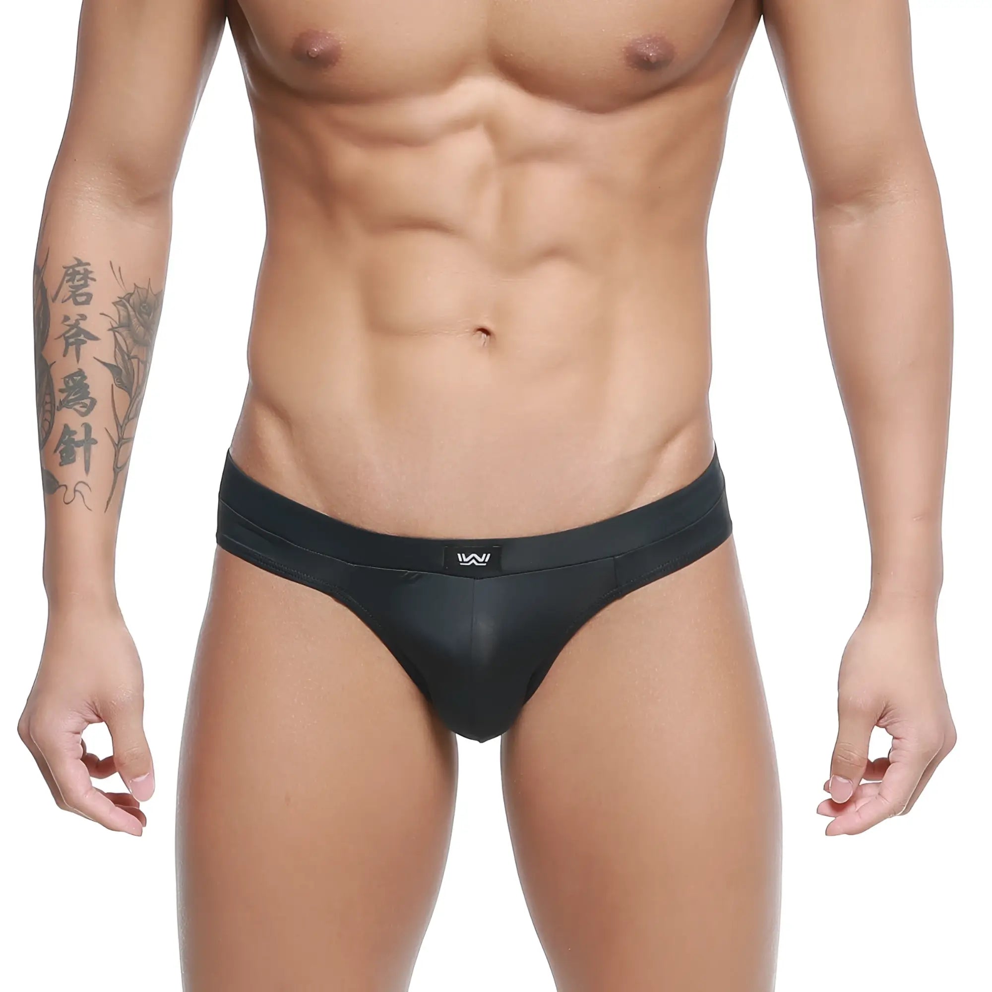 Black sleek glossy metro male wear cebolla bikini briefs with subtle waistband logo front view