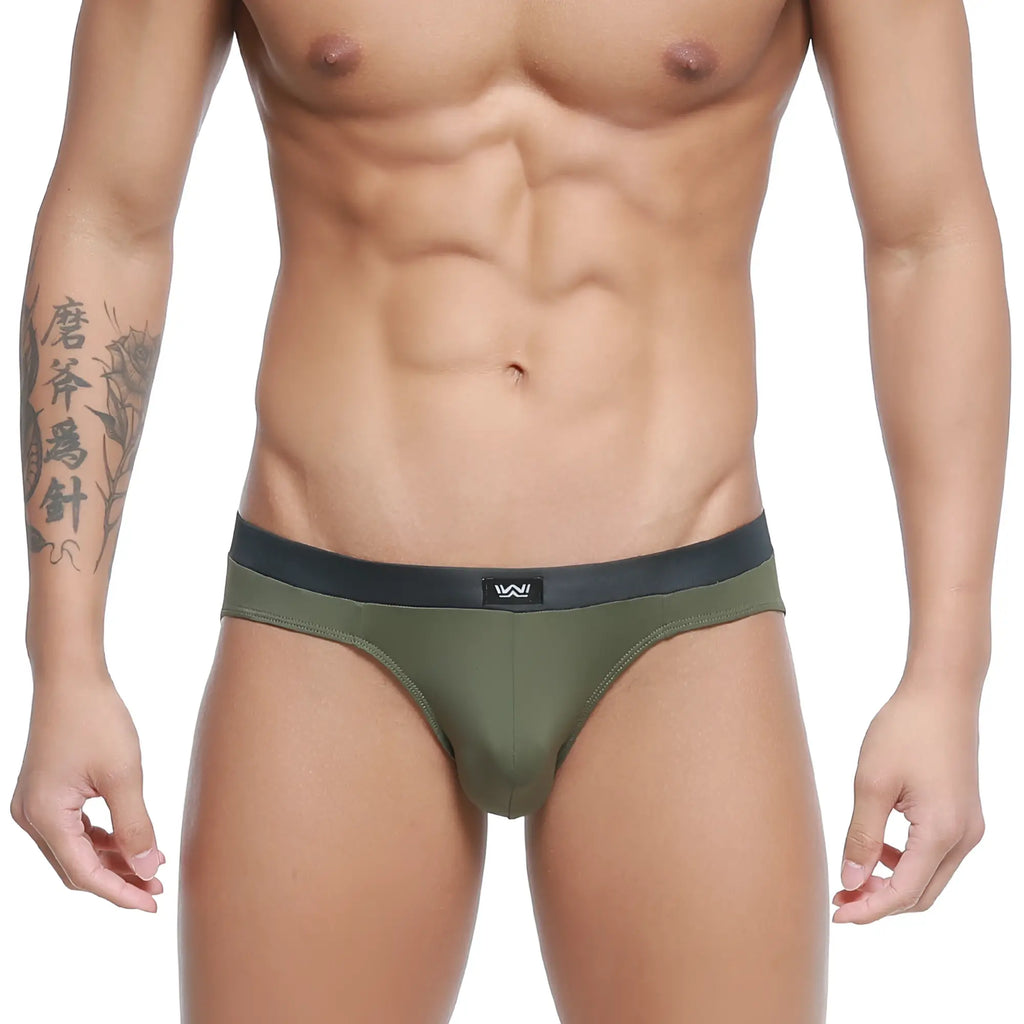 MetroMaleWear Cebolla bikini green briefs with olive green fabric and black waistband featuring white logo