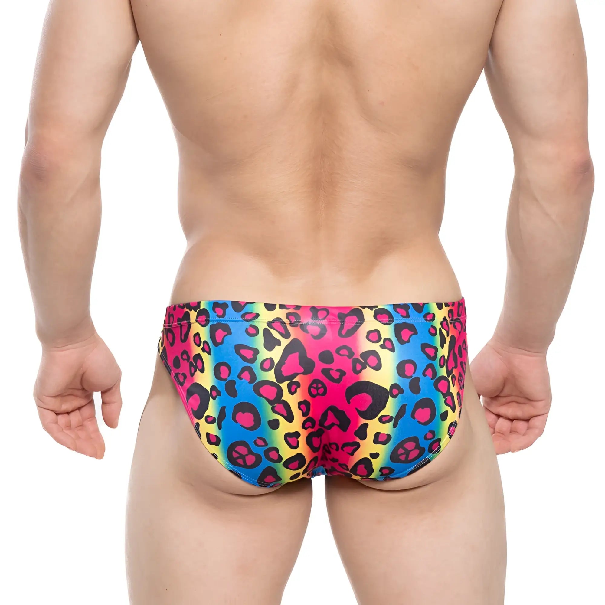 Vibrant rainbow-colored metroMalewear character bikini 5103-M06 swim trunks with bold pink blue yellow leopard print