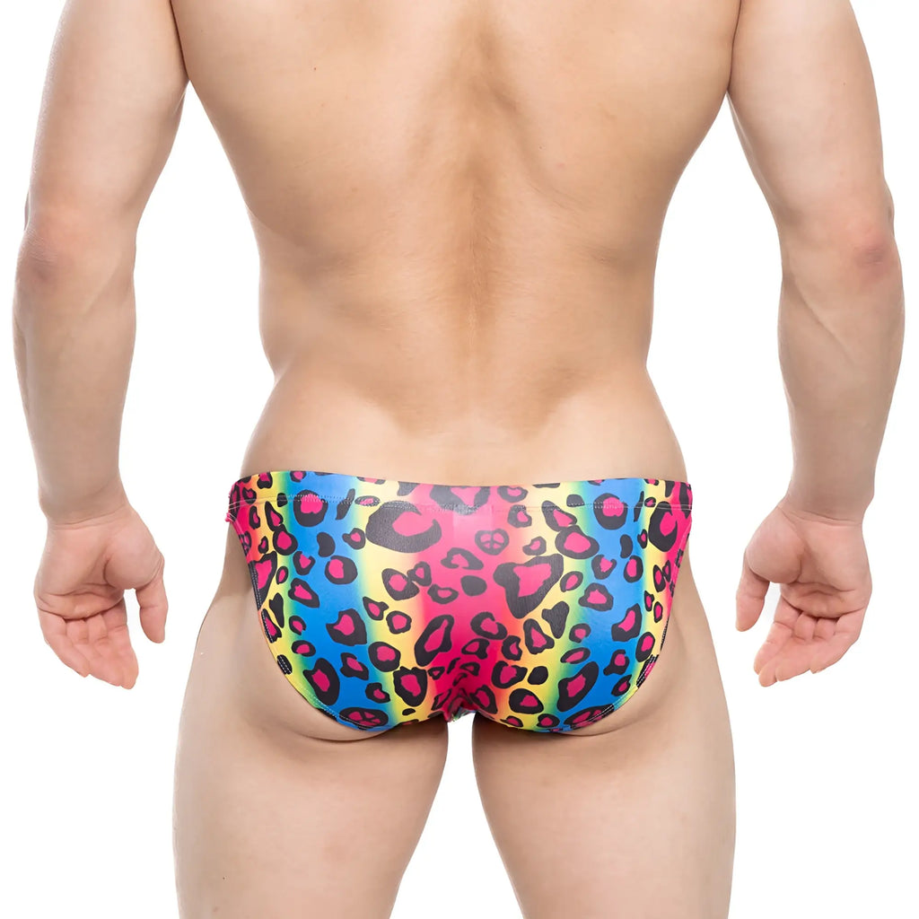 Vibrant rainbow-colored swim bikini with bold pink and black leopard print from metromalewear character line