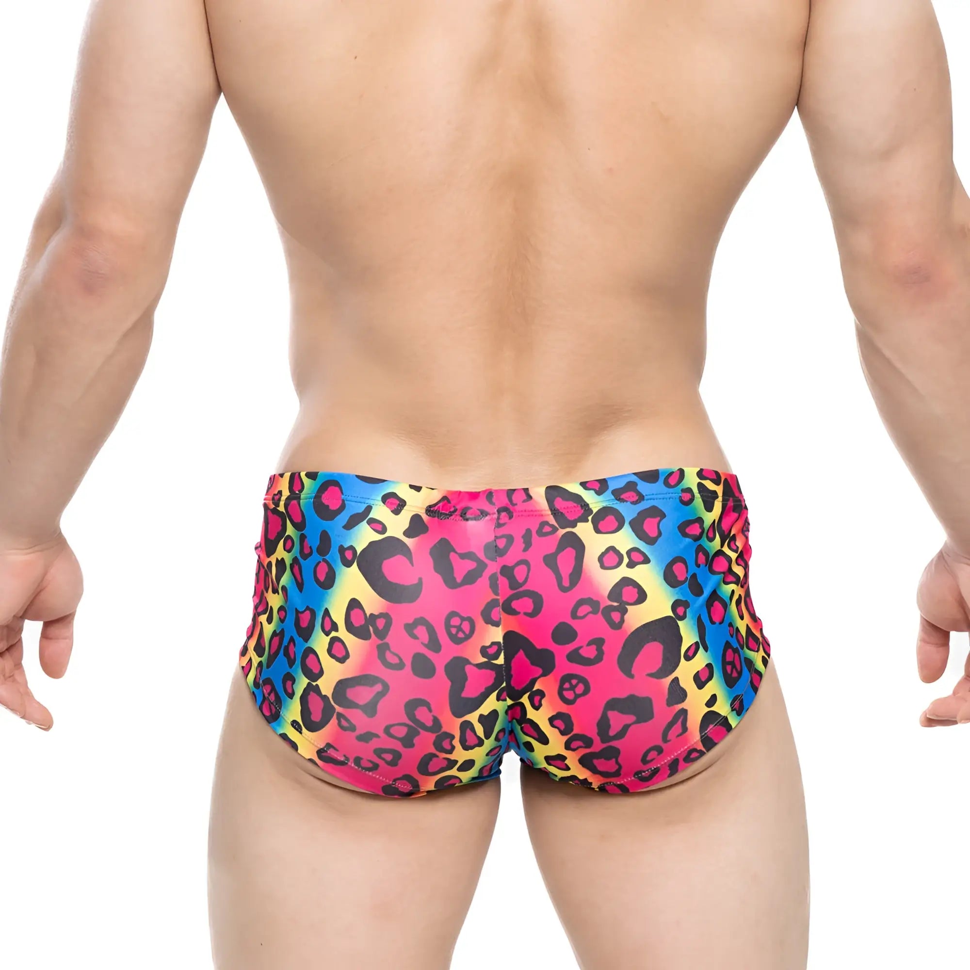MetroMaleWear character trunk 2125-16 vibrant rainbow leopard-print swim trunks in bold pink yellow and blue hues