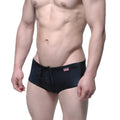 Black MetroMaleWear Charile swim brief with drawstring waistband and small pink logo on the side in onyx color