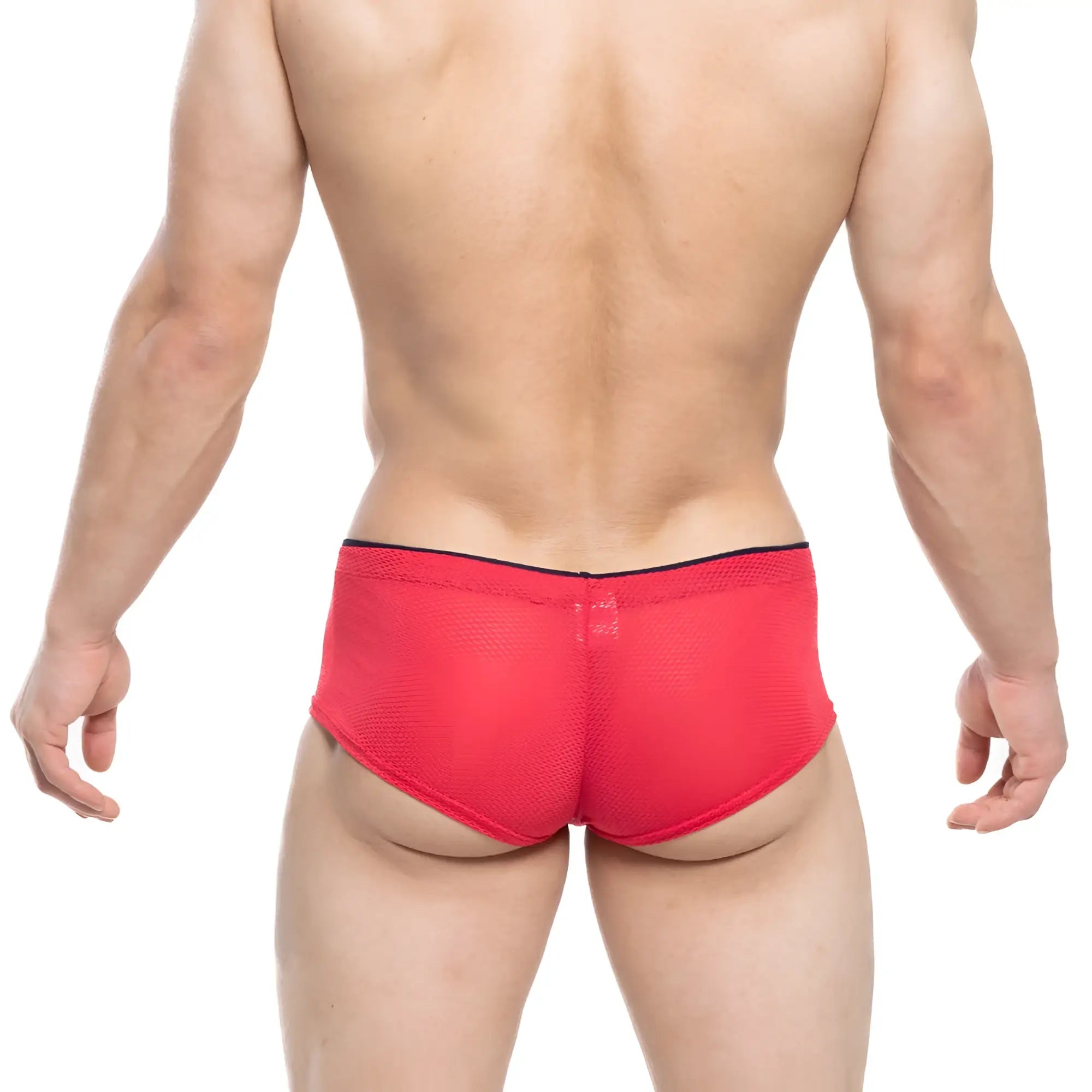 Red mesh briefs with a black waistband from metromalewear cheek circon 2028-76 featuring breathable fabric