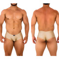 Beige form-fitting briefs with subtle brand logo on waistband from metromalewear cheek gold 2028-21 collection