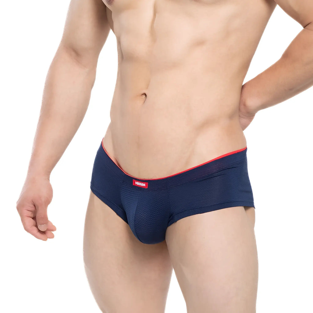 Navy blue mesh briefs with red trim and brand tag on waistband by MetroMaleWear cheek inmenso 2028-75