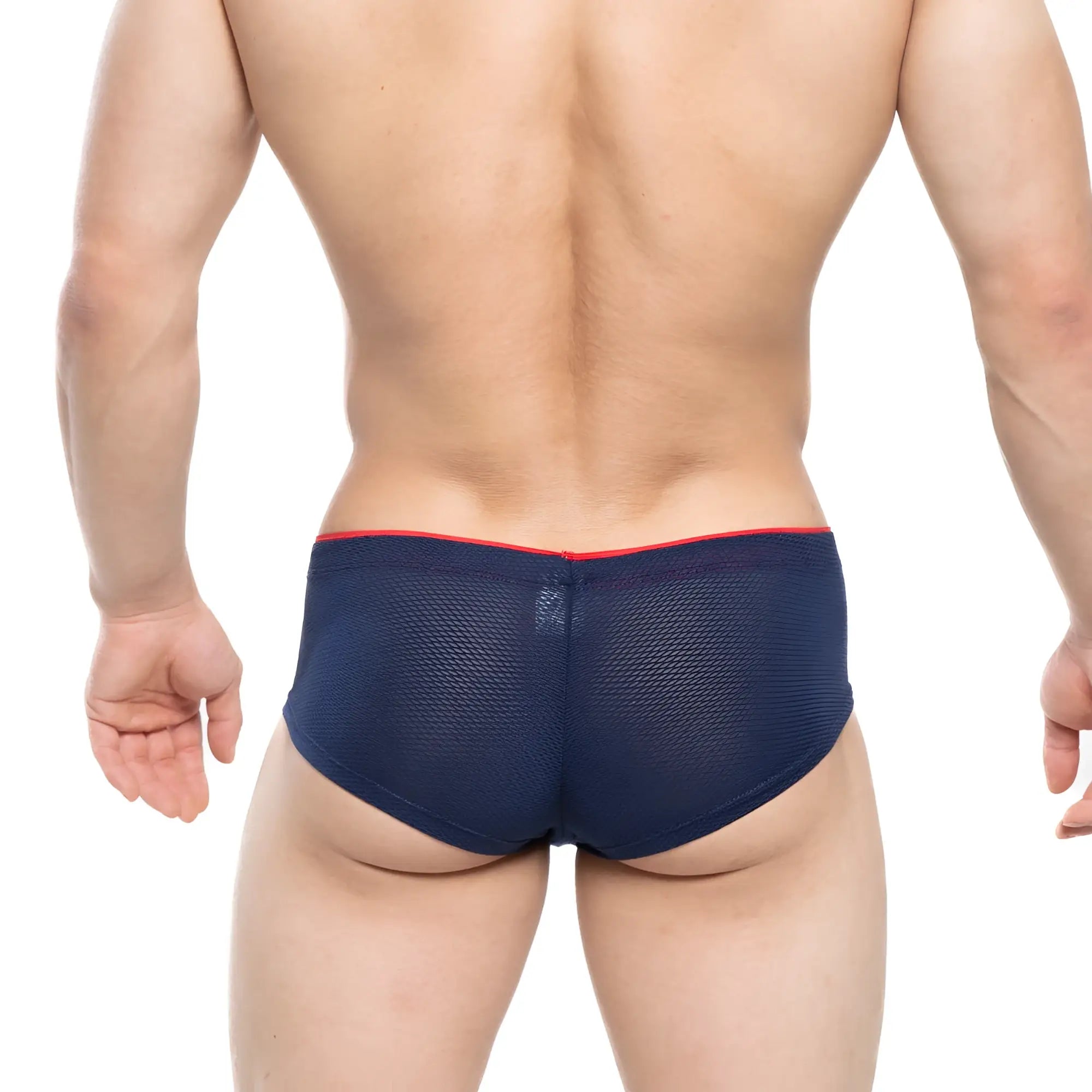 Navy blue mesh briefs with red waistband trim from MetroMaleWear cheek inmenso 2028-75 for comfortable everyday wear