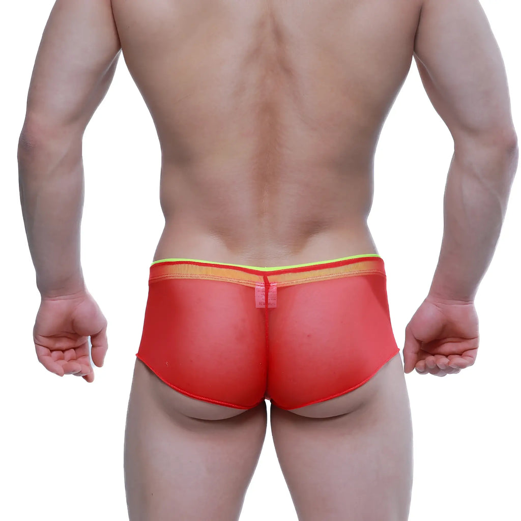 Red mesh briefs with a yellow and orange striped waistband from MetroMaleWear cheek onion 2028-72 collection