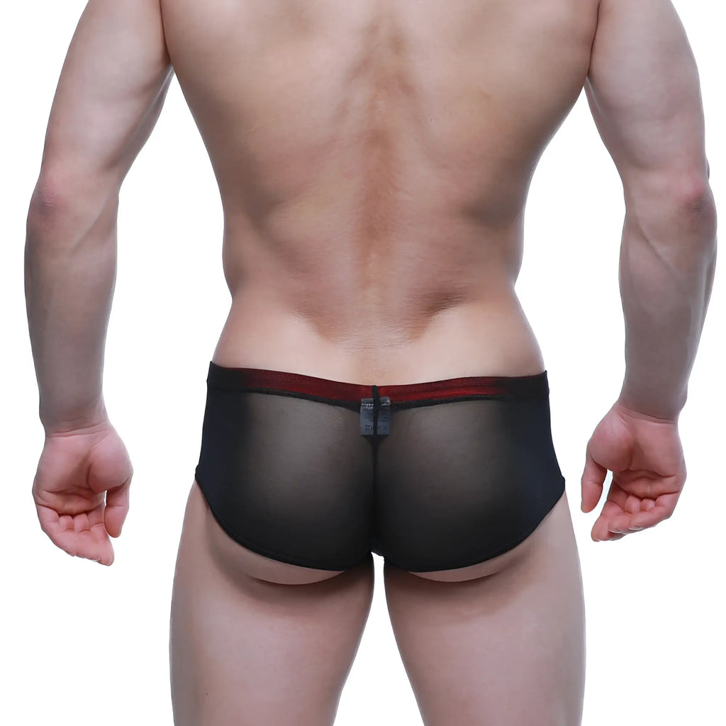 MetroMaleWear Cheek Patron 2028-71 black sheer mesh briefs with contrasting red waistband for stylish comfort
