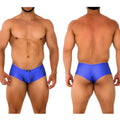 Vibrant blue shiny satin fabric briefs with small black metro male wear logo on waistband in royal blue 2028-18