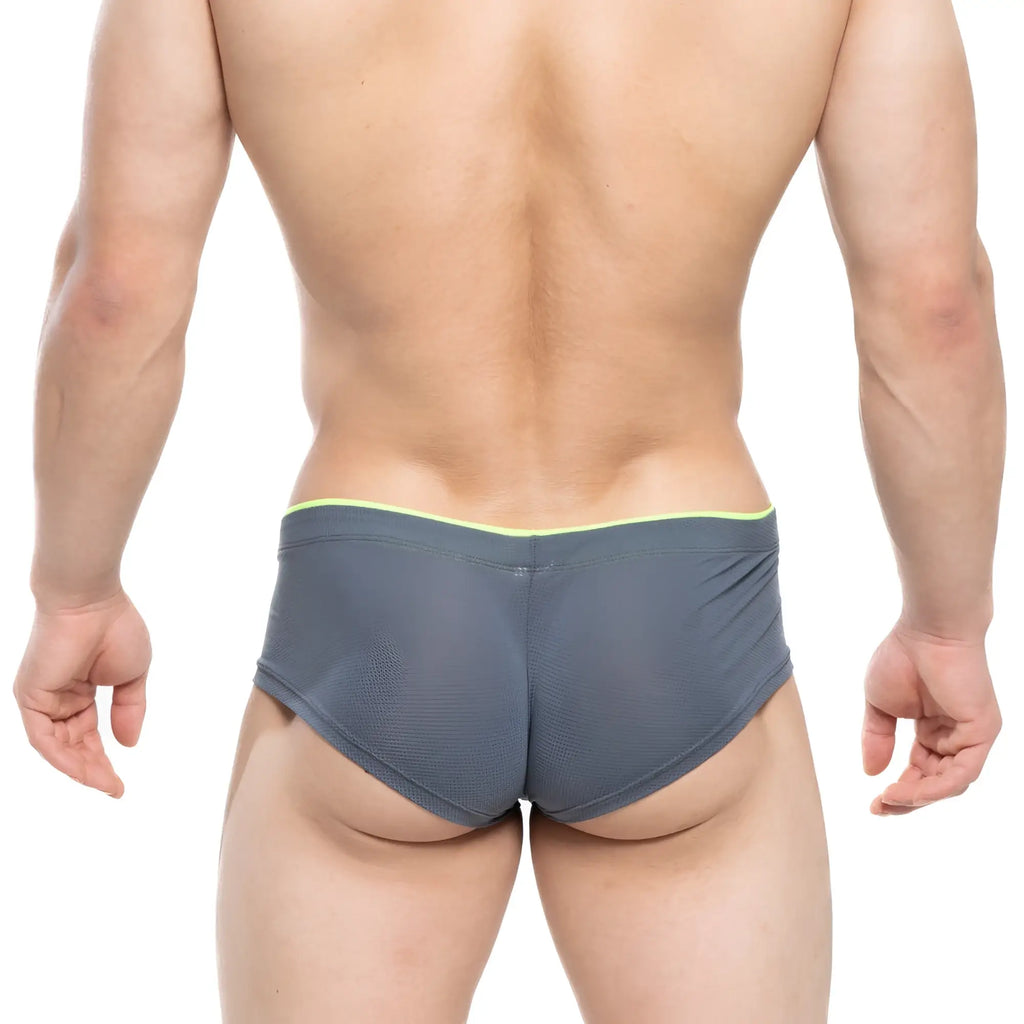 Gray mesh briefs with neon green trim from metroMalewear cheek sesgos 2028-77 offering breathable comfort