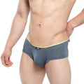 Gray textured MetroMaleWear briefs with neon green waistband and black brand tag for comfortable wear