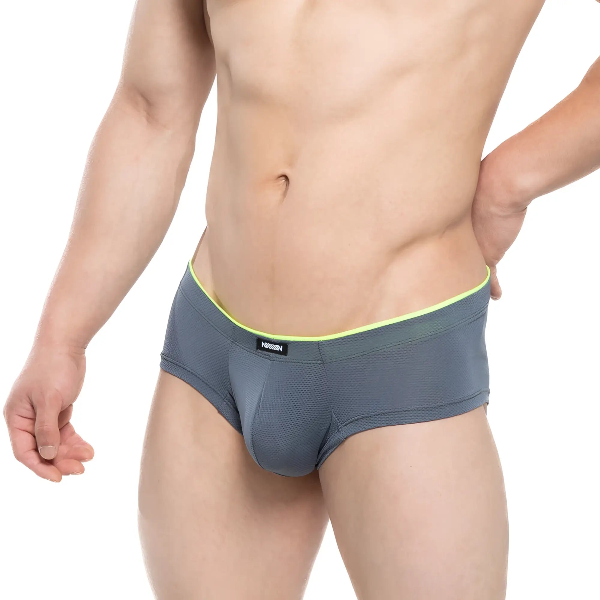 Gray textured MetroMaleWear briefs with neon green waistband and black brand tag for comfortable wear