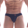 Navy blue cotton briefs with a small red brand tag on the waistband from MetroMaleWear cheek thong 2802-28