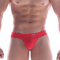 Bright red metroMalewear cheek thong athletic briefs with smooth stretchy fabric and a small waistband tag