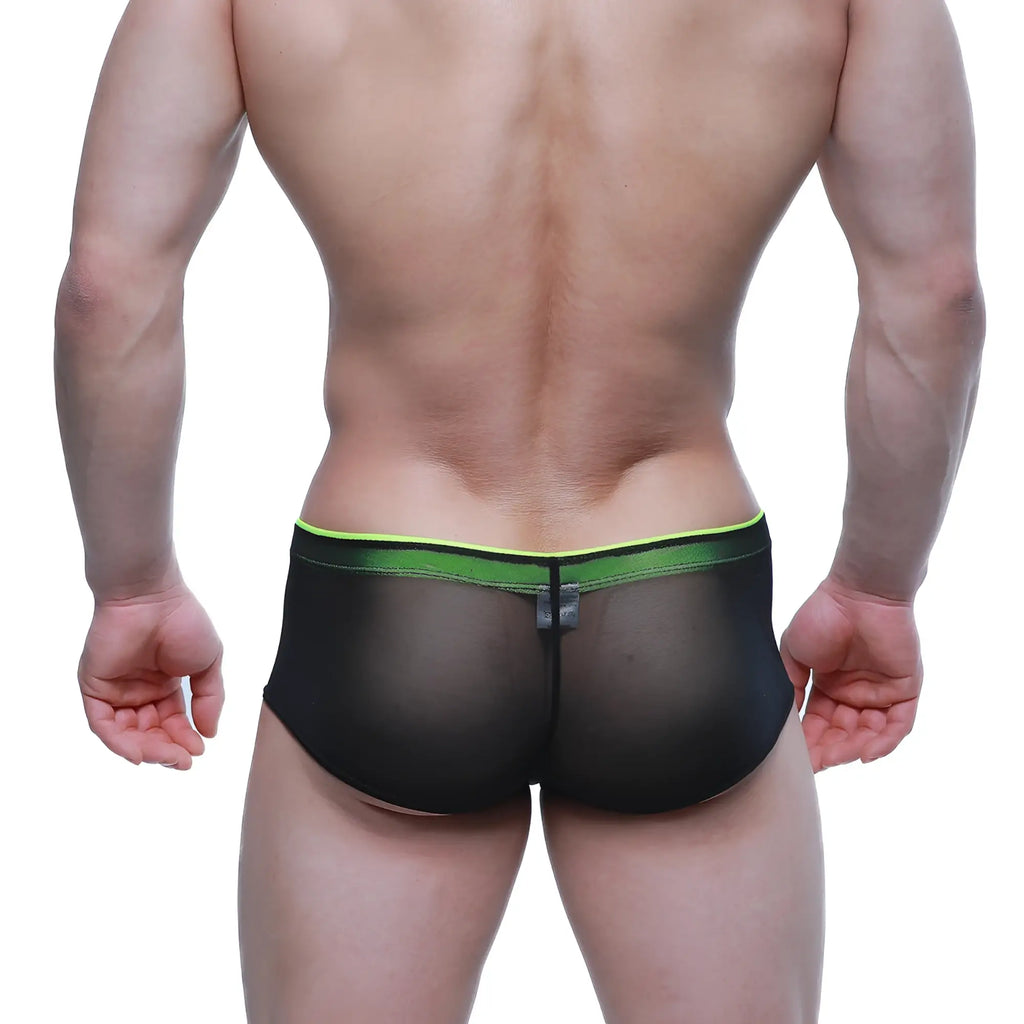 Back view of MetroMaleWear cheek tull 2028-70 black mesh briefs with neon green waistband and small black tag