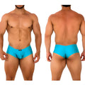 Bright turquoise metroMalewear cheek 2028-08 men’s briefs with sleek form-fitting design and black brand tag at waistband